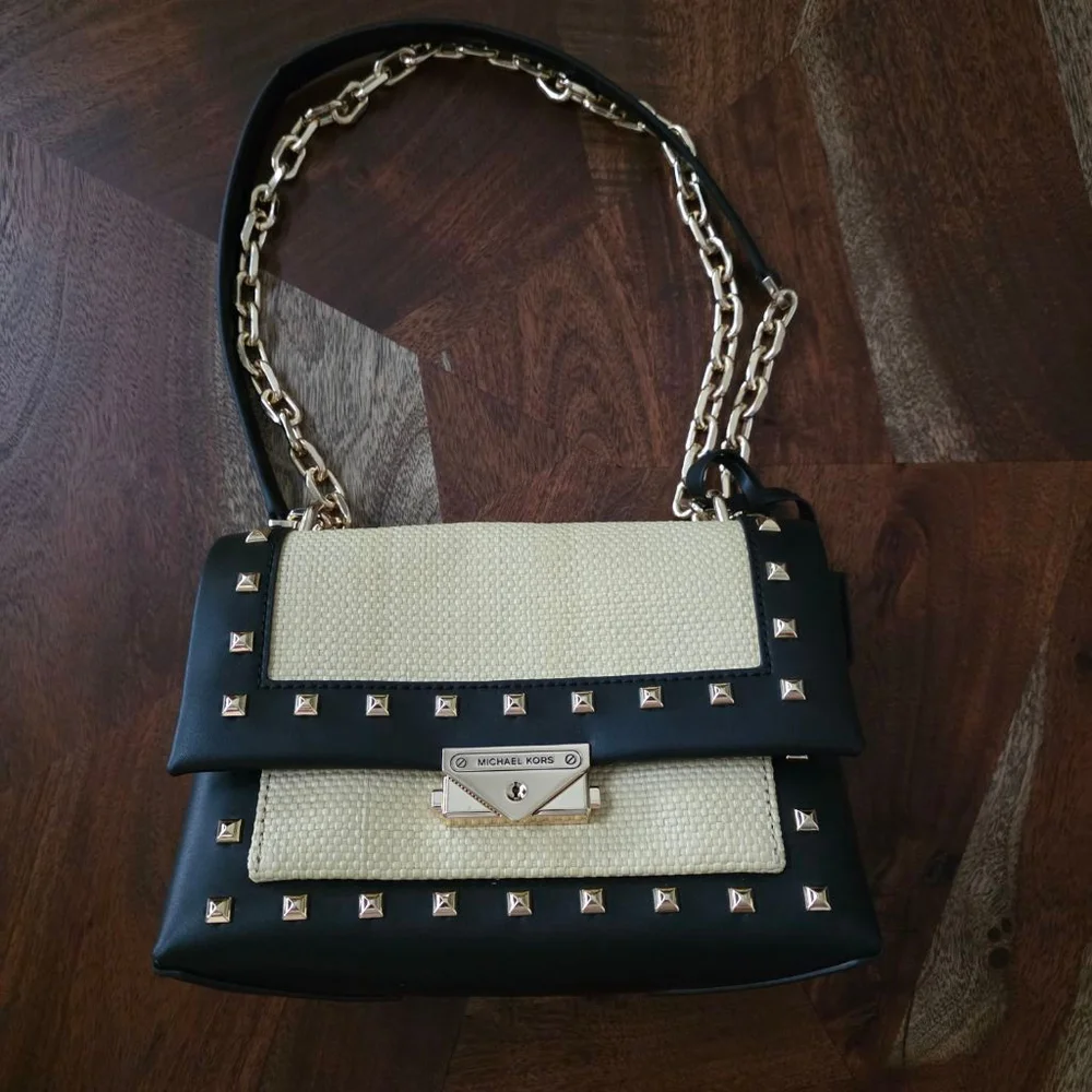 Michael Kors Studded Straw & Leather Crossbody Bag Tan/Black One Size - Picture 5 of 15